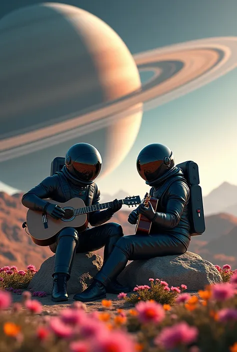  A couple of Astronauts in a beautiful black suit sitting on a rock playing the guitar on a planet full of flowers, Planet Saturn real background photo