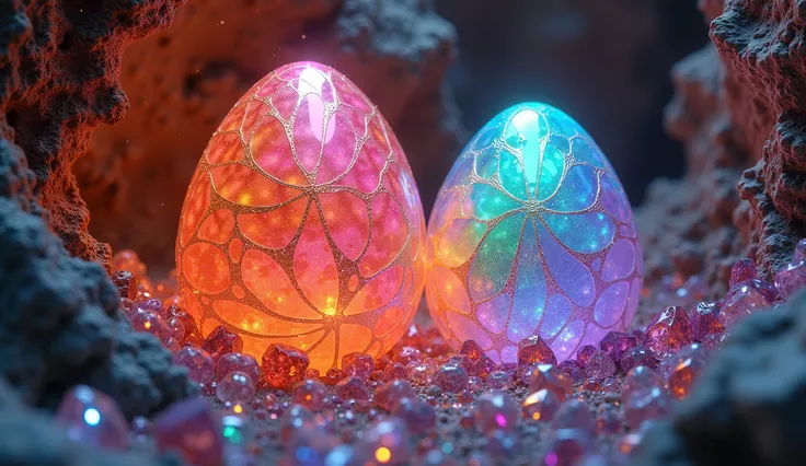 Two, colorful rainbow, dragon eggs,  lined throughout with shimmering gold, In a cave filled with crystals and diamonds, enchanting, hyperrealistic, 32K UHD, warm tone,