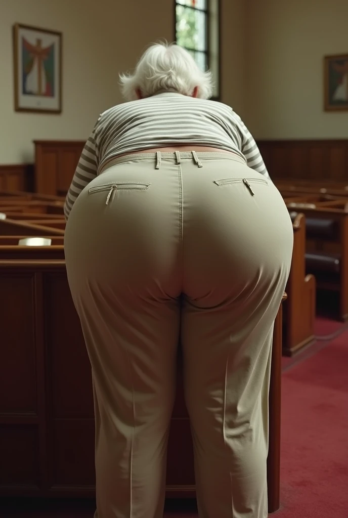 (((Huge sexy booty granny))). Big butt cheeks. In khakis. Candid booty. Bending over pew. Giant booty is in front of camera. Slim waist. In church. Old woman. White short hair. Gigantic butt is protruding. 