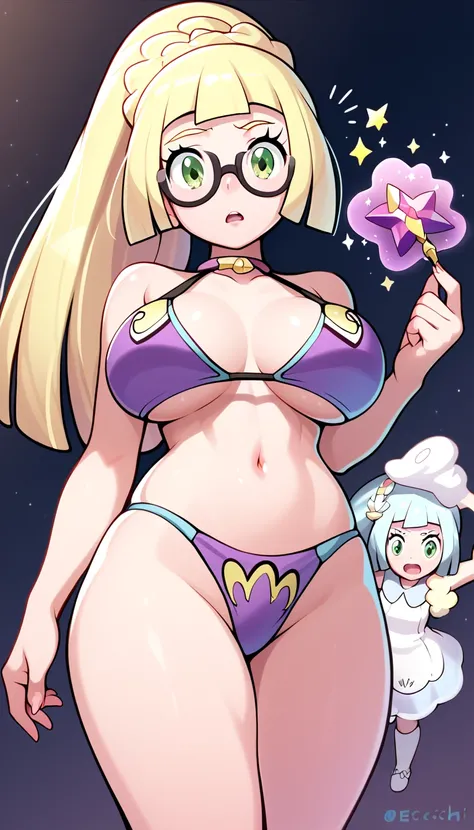 ((Busty Bitches)), score_9, score_8_up, score_7_up, source_anime, highly detailed, 1girl, ultra cute, ultra sexy, ultra curvy, ultra bouncy, ecchi, cutesy, 1lillie, dragon scale bikini, glasses, colourful jewellery , distressed expression, body shot, dark ...