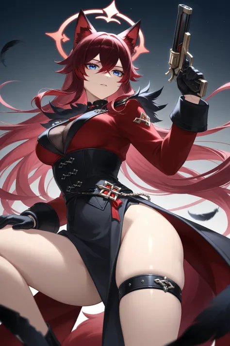  fox ears、dark red hair、 long hair、Fox Tail、midnight blue eyes、 best thighs、 Genshin、Feather、Halo、 beautiful skin、Clear shadows、front、 long coat.gun