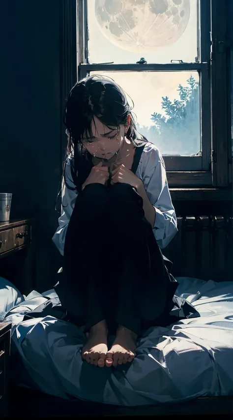 A person(girl) sitting on the floor in the dark room. the bed is behind him. the atmosphere is dense. Only a small glimpse of light from the moon comes from the window. girl face is buriede in his hands as if he is crying.