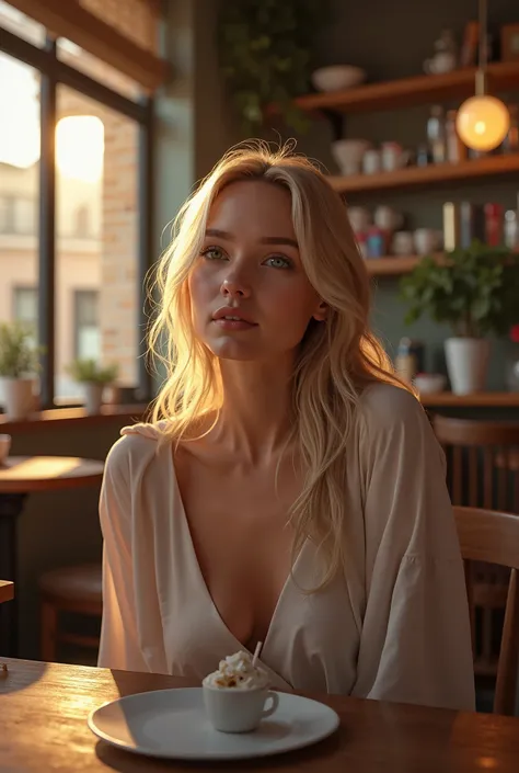 Beautiful blond woman sitting in a cafe in the evening light 