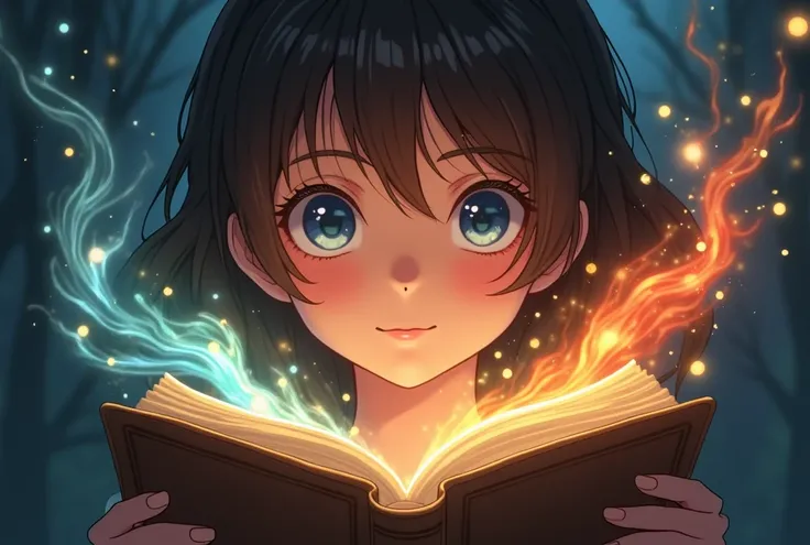  anime style, Close-up portrait of a young brunette with dark brown hair,  with soft and shiny locks framing her face .  She holds an ancient and mysterious book , open in her hands .  Two ethereal spirits emerge from the book :  one of water and the other...