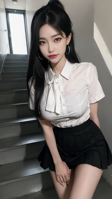 gray eyes, korean , summer black  fit shirt, ribbon tie, fit classic skirt, bright blonde, school stairs, going down school stairs, Pose that sticks out the chest, Pose showing off your chest, 8k RAW photo, High resolution,  cool korean, very big round bre...