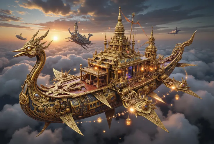 colossal golden skyship inspired by the Suphannahong Royal Barge, soaring through the clouds in a fantastical steampunk sky. The ship's prow is an intricately carved swan with glowing eyes, radiating arcane energy. Its hull is adorned with golden filigree,...