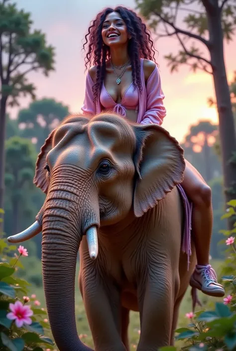 Shot on a Fujifilm X-T4 with a Macro lens. (FULL BODY, MASTERPIECE, BEST QUALITY:1.2) image of female laurence, age 20, with blue eyes and a curly hair style. Wearing t-shirt. she is sitting on an elephant laughing out loud at the viewer Defined Cheekbones...