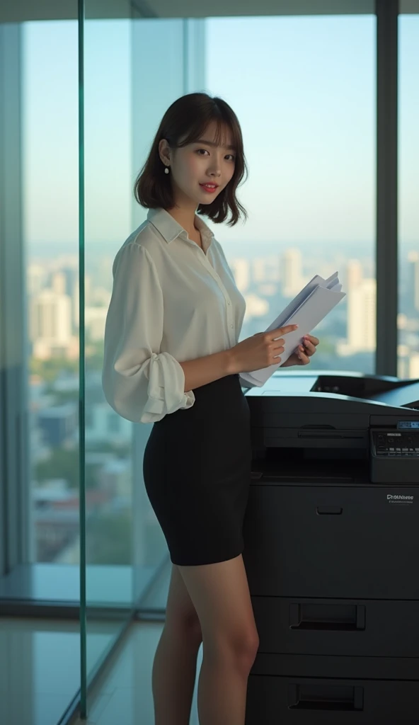 full body shot,full figure photo,entire body visible,masterpiece,8k,photorealistic,professional photography,corporate setting,young East Asian woman,ethereal beauty,Korean beauty standards,delicate oval face,high cheekbones,soft jawline,large almond eyes,d...