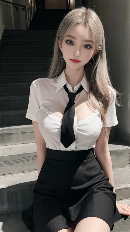 gray eyes, korean , summer black  fit shirt, ribbon tie, fit classic skirt, bright blonde, school stairs, going down school stairs, Pose that sticks out the chest, Pose showing off your chest, 8k RAW photo, High resolution,  cool korean, very big round bre...