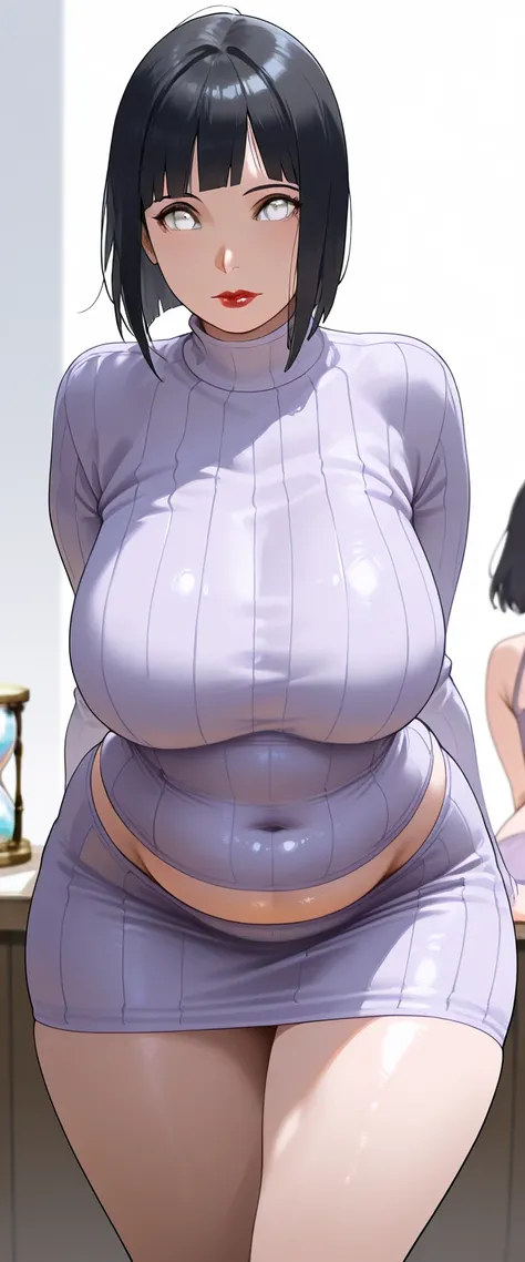 ((best quality)), ((masterpiece)), (detailed), hinata ,  hot and sexy nude woman  having massive boobies and thick thighs, voluptuous figure, belly folds, chubby body, black hair, red lips, short hair, white eyes ,  bent body, bright sunshine, looking at v...