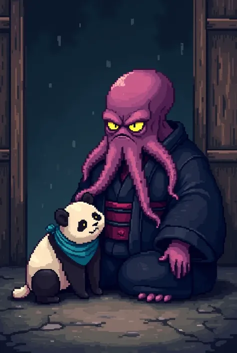 16-bit: fat pessimistic dark, pale purple octopus yōkai with yellow eyes, and black/dark magenta kimono. He acts fatherly to a young panda with a cornflower blue bandana around its neck.