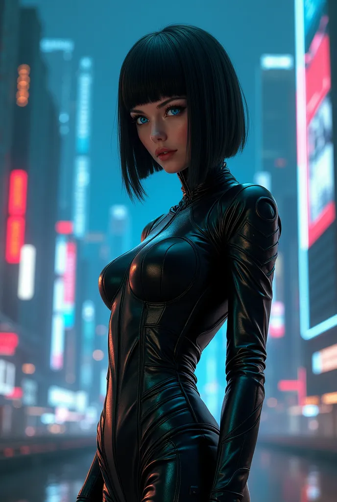 woman, hime cut, straight hair, long hair, black hair, blue eyes, gradient, leather bodysuit, very tight Techwear, cyberpunk, future, Modern, in  cyberpunk city, light smile, soft lighting, Best Illuminations, best shadow, full body shot,