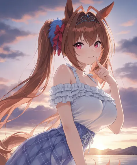 very awa, masterpiece, best quality, newest,  highres, absurdres、 There is only one 、 Daiwa Scarlet、Uma Musume　 Daiwa Scarlet、 twin tails、Reddish brown hair、 c cup breasts、light brown hair、 white ruffled clothes、 pale light blue skirt 、Outdoors、Lush green ...