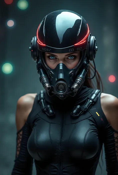 "A futuristic female warrior wearing a high-tech breathing mask with tubes extending from it. She has piercing blue eyes, and her expression is intense and focused. She wears a sleek black bodysuit with a glossy helmet featuring glowing red accents. The ba...