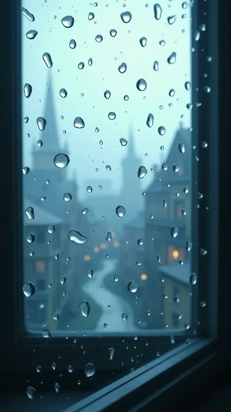 Water drops on window glass、The old townscape that can be seen beyond