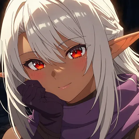 game cg, shiny skin、super detailed,  1girl , dark elf, dark skin, red eyes, gray hair, long hair, long pointy ears, purple scarf,  complicated costume、cave、 black background, masterpiece, best quality, newest, absurdres,  highres, (((super detailed skin)))...