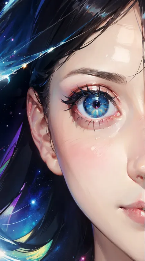 Close-up of the person’s(girl) face in soft cosmic light, eyes reflecting a wave of inspiration, as though they’re receiving a direct transmission from the universe. Ethereal cosmic fantasy style, vivid colors, soft glow, ultra-detailed, cinematic, spiritu...