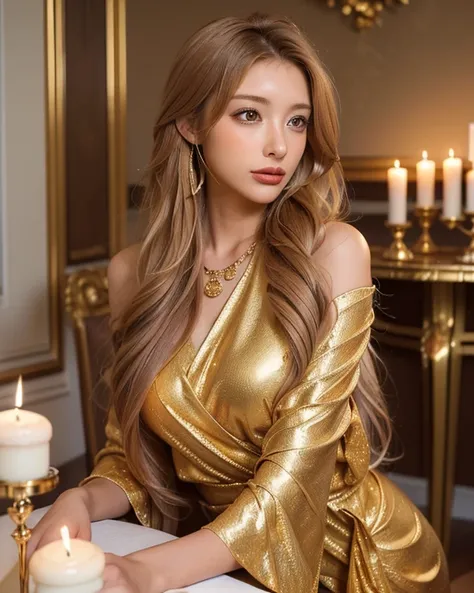 Prompt:
(Masterpiece, best quality, ultra high res), (1girl, stunning beauty:1.3), (long voluminous golden blonde hair:1.2), (rich brown wrap dress:1.3), (French macarons with candle:1.3), (luxurious indoor setting:1.3), (warm ambient lighting:1.2), elegan...