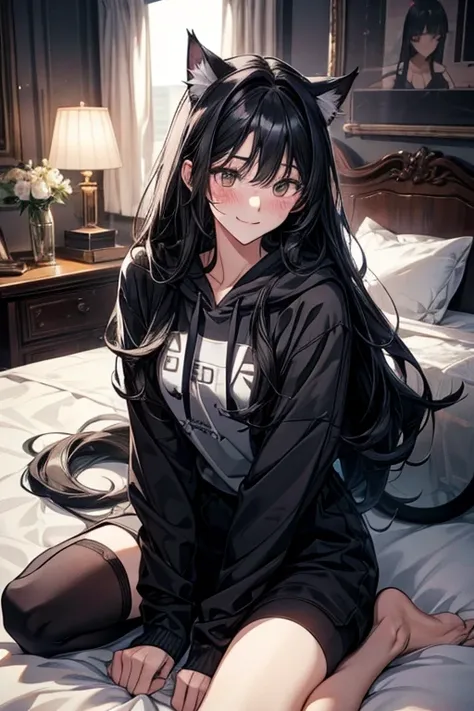 Age 19、 black hair、 long hair、Beauty、 is quiet、Thin lines、 black stockings、 cat、Cat ears、Good bye hoodie 、Modern Room、 on the bed、night、Warm lighting、I'm lying down and staring at me、 is blushing、Smiling