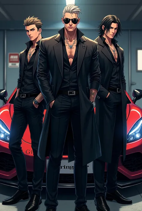 Anime images , Three male characters together in stylish costumes,  dark glasses, black gloves, tattoos,  stylish cars in the background and a logo called  "The gringos " 