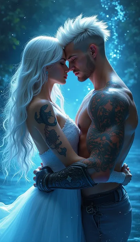  creating a powerful contrast between Scorpio's burning passion and the aquatic softness of Pisces {x} A A man representing the sign Scorpio and a woman representing the sign Pisces are entwined in an intense and intimate embrace., leurs corps entièrement ...