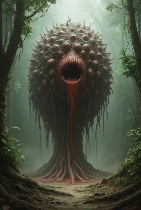  A viscous and amorphous creature rising from the earth .  Small tentacles scattered all over the body with bloody eyes at the ends.  Mouths scattered all over the body . humidity. mud . bosque tropical.  ground-level fog .  inspired by Lovecraft. Cosmic h...