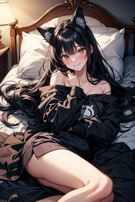 Age 19、 black hair、 long hair、Beauty、 is quiet、Thin lines、 black stockings、 cat、Cat ears、Good bye hoodie 、Modern Room、 on the bed、night、Warm lighting、I'm lying down and staring at me、 is blushing、Smiling