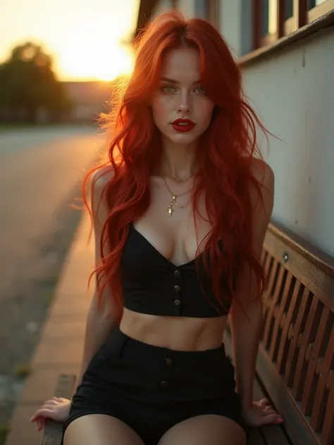 the camera looks directly at the girl)),  photos of a beautiful sexy petite girl with long red hair and green eyes,  sitting on a bench looking in front of him, on an old school street ,  nice figure, ( Thin slender wasp waist  :1.8), (toned abs:1.9), red ...