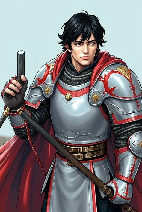 a medieval man knight with a short black waves hair and using a silver armor with red details, your weapon is a flail and a shield, your skin is part and your eyes is brown, the art has to have a 90s anime feel