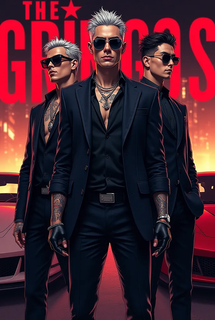  Three male characters together in stylish costumes,  dark glasses, black gloves, tattoos, stylish cars in the background and a BIG title called "The gringos "  anime