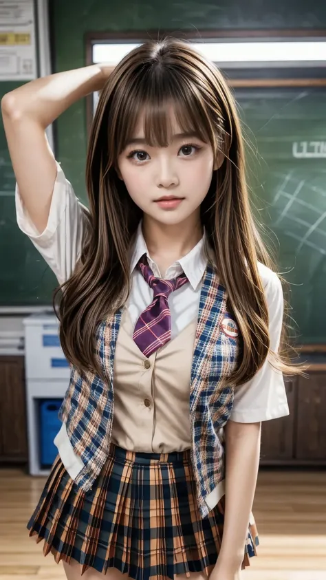 Product quality, seat, front view, a pretty young Japanese girl , small smile ,cowboy shot,(well-proportion:1.3), orbital space,( high school girl uniform :1.4), shirt, tie, Cardigan, blazer,wear, (wear a ultra super short checkered pleated mini skirt:1.4)...