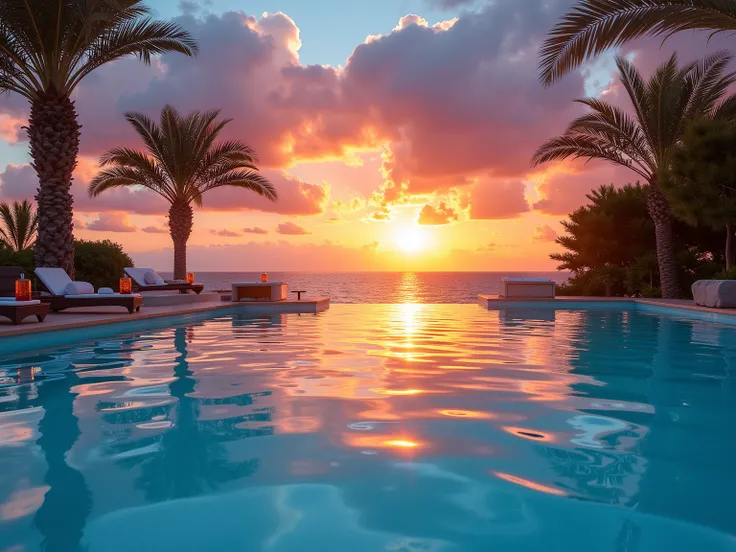 A swimming pool at sunset, with golden ripples on the water, palm trees turning orange-red, and a gradient of pink and purple in the sky. Warm, lazy, summery. Ice-cold drinks and towels by the pool, the sound of distant waves, and a gentle breeze rustling ...