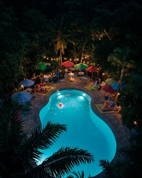  Rainforest Jungle at Night White Pool Pictures, Yellow Bath Towel by the Pool ,Aerial view of the middle of a bird ,Glowing beach ball floating in the pool , secret space deep in the jungle, lots of colorful umbrellas and tables and chairs, night pool,Gre...