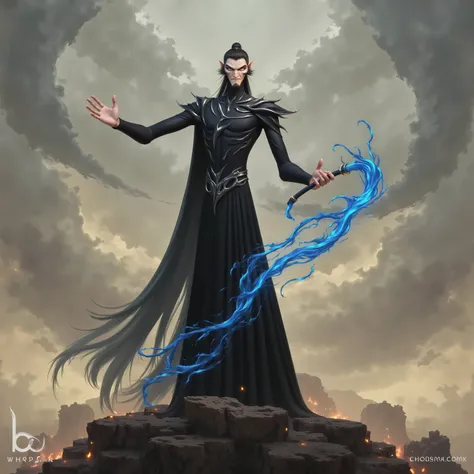 ( masterpiece, top quality:1.2), Game anime characters, alone,beard, Black Robe ,slim。Holding a blue whip in his hand。Kung Fu Action ,flame,cliff,Ominous clouds,Grand scene,Large game scene