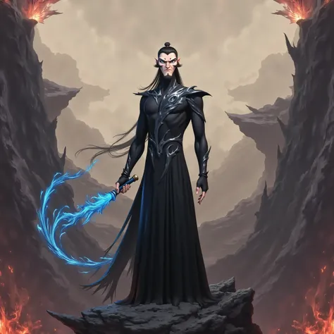( masterpiece, highest quality:1.2), Game anime characters, alone,beard, Black Robe ,slim。Holding a blue whip in his hand。Kung Fu Action ,flame,cliff,Ominous clouds,Grand scene,Large game scene