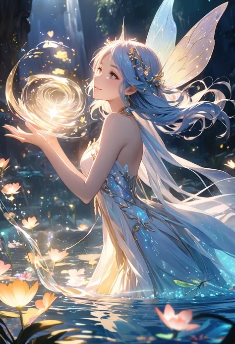 Create an ethereal watercolor painting featuring a divine and radiant goddess with a gentle smile surrounded by small fairies, The fairies leave trails of light as they fly around her in a beautiful swirling dance, The scene is set by the water capturing t...