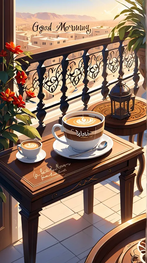 The design of a cup of coffee has a beautiful appearance and next to it is the words Good Morning in Arabic and English. The place is a table on a balcony overlooking the incense