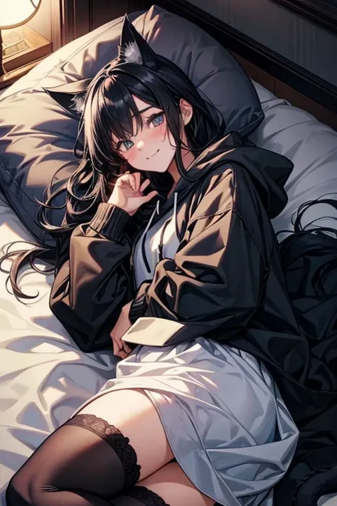 Age 19、 black hair、 long hair、Beauty、 is quiet、Thin lines、 black stockings、 cat、Cat ears、Good bye hoodie 、Modern Room、 on the bed、night、Warm lighting、I'm lying down and staring at me、 is blushing、Smiling