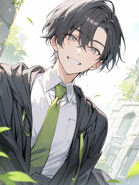 1 boy, handsome, short hair, black hair, gray eyes, smile, white shirt, green necktie, black robe