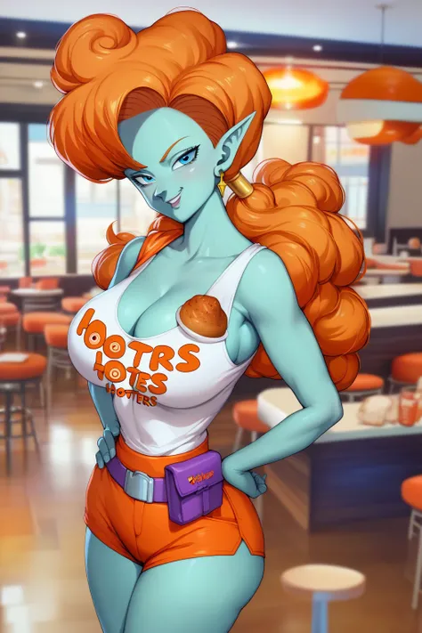 score_9, score_8_up, score_7_up, score_6_up, score_5_up, score_4_up, masterpiece, high quality, BREAK, BREAK, 1girl, zangya (dragon ball), orange hair, blue skin, mature woman smile, flirting, ((looking at viewer)), bare shoulders, cleavage, hooters unifor...