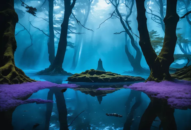  I encounter in the clearing of an ancient forest  ,  in which the light of dusk filters through the branches and caresses an interrupted pool of crystalline water  ,  so immovable and perfect like the one emanating from a forgotten mirror  .  In the cente...