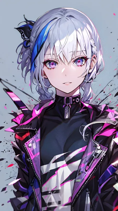 a slender woman with dyed silver hair in a punk clothing style, holding a knife, wet hair in a braid on the side, medium length hair, slanted eyes, simple background, scarred cheek, best quality, detailed skin texture, glossy lips, sensual, cool