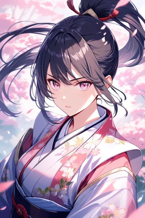 woman, twenty-five year old, solo,
beautiful black hair, ponytail hair,
clear fresh pink eyes, 
armor kimono,
front angle, upper body,
pride, serious,
sakura scenery,
masterpiece, best quality, very beautiful, very detailed, 