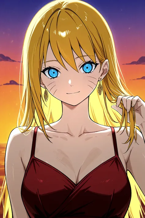 naruko uzumaki (naruto), 1girl, solo, slender body, looking at viewer, long blonde hair, blue eyes, whisker marks, elegant red dress, collarbone, upper body, soft smile, golden accessories, standing in a sunset-lit garden, gentle breeze moving her hair