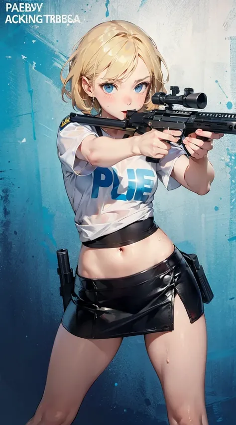  A girl,(police uniform),(micro miniskirt),navel out,(holding a assault rifle),((gun shooting stance)),(aiming at viewers), ,HIQCGBODY,solo,blush,sweat,lokking at viewer,toi8 style,tight micro mini skirt,aya brea, blue eyes, blonde hair, short hair, white ...