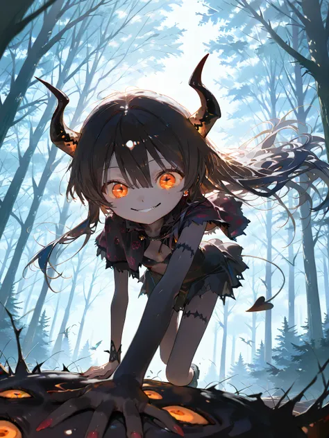 (solo:1.3), 1girl\(devil, beautiful, evil, pure black skin,cute,kawaii,big eyes,evil smile,long nail,orange eyes,orange sclera, detailed pupils,wearing capelet\(very big,(very long),Tattered,(traditional_patterned:1.2),very detailed face,\), backlit,flying...