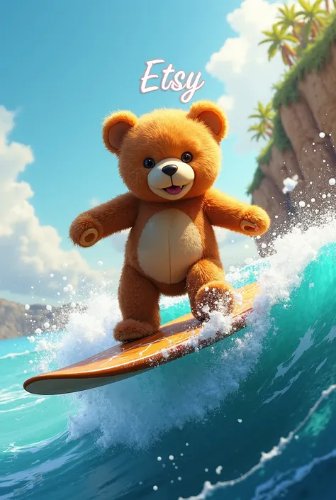 Teddy bear is surfing. At the top of the surfboard is named Etsy by pongsakorn