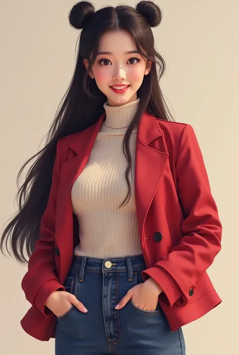 Beautiful Korean girl  is wearing beautiful mature clothes in red and purple cream
Wearing tight jeans
Her hair is long straight in a double bind
With a happy smile