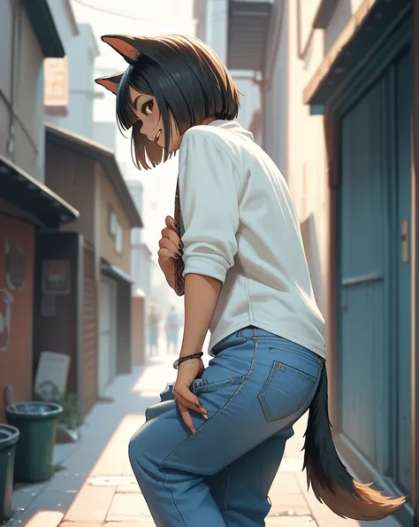 racoon dog girl  , Jeans pull , In the back alley , (1 condome on hand) , (ass crack:0.1) , side view , bend over