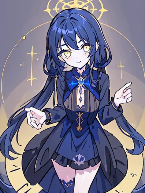 1 GIRL, DARK BLUE LONG TWIN TAIL HAIR, GOLDEN EYE, Elegant yet playful gothic dress mysterious yet lively charm expression is confident and mischievous, with a subtle smile. STANDING